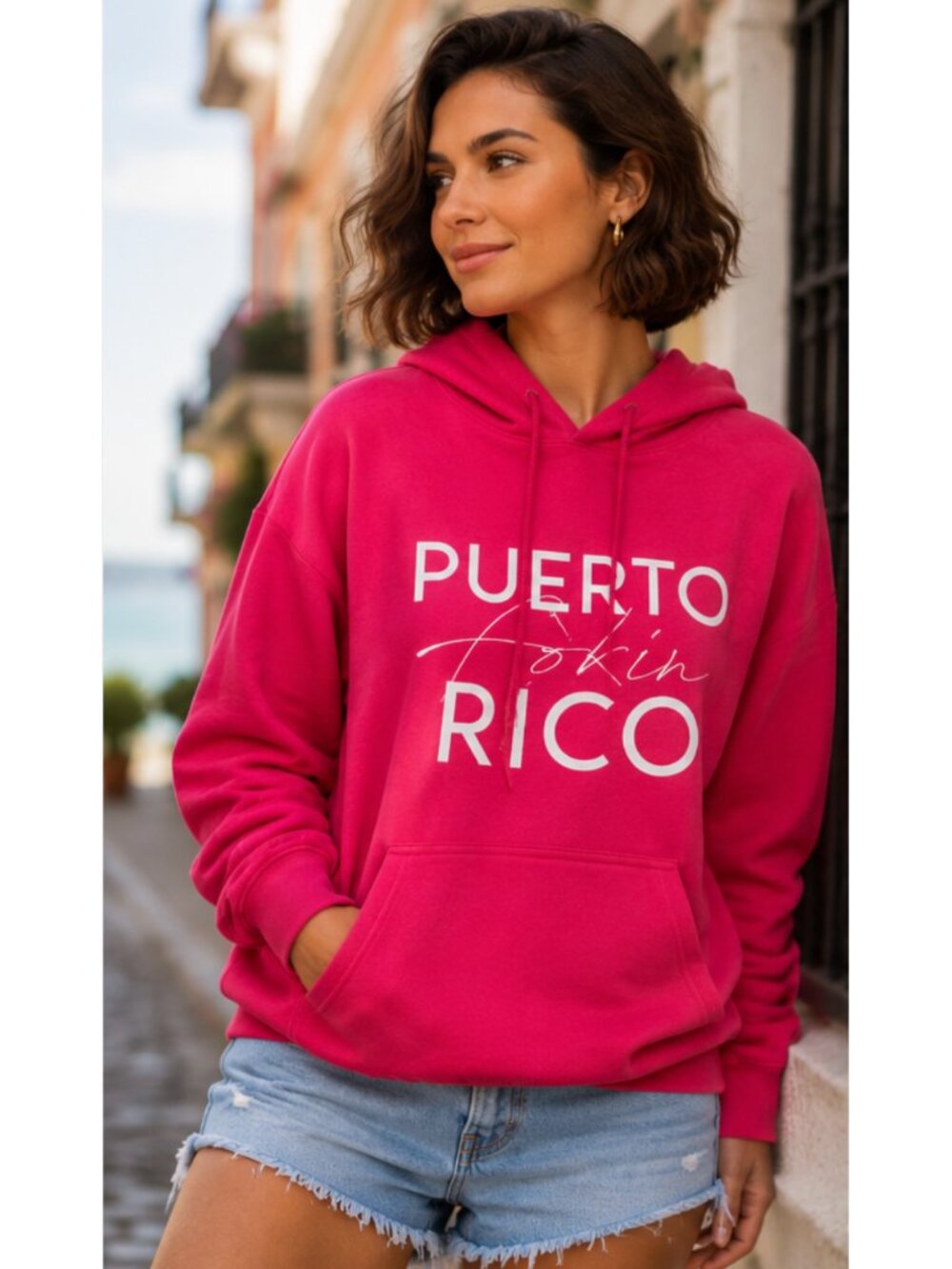 "Puerto Fokin' Rico" Graphic Women's Hoodie Sweatshirt Hot Pink Large Expat
